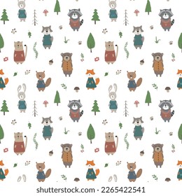 Cute animals Seamless pattern. Cartoon Animals in forest background. Vector illustration.