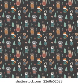 Cute animals Seamless pattern. Cartoon Animals in forest background. Vector illustration.
