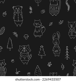 Cute animals Seamless pattern. Cartoon Animals in forest background. Vector illustration.