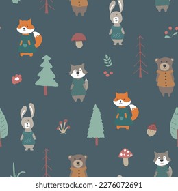 Geräumige Tiere Nahtlose Muster. Cartoon Tiere auf Waldhintergrund. Vektorgrafik.