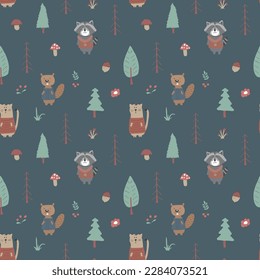 Cute animals Seamless pattern. Cartoon Animals in forest background. Vector illustration.
