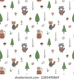 Cute animals Seamless pattern. Cartoon Animals in forest background. Vector illustration.