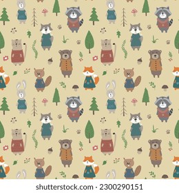 Cute animals Seamless pattern. Cartoon Animals in forest background. Vector illustration.