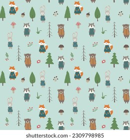 Cute animals Seamless pattern. Cartoon Animals in forest background. Vector illustration.