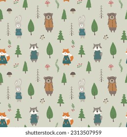 Cute animals Seamless pattern. Cartoon Animals in forest background. Vector illustration.