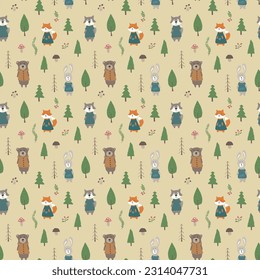 Cute animals Seamless pattern. Cartoon Animals in forest background. Vector illustration.