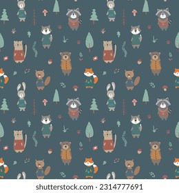 Cute animals Seamless pattern. Cartoon Animals in forest background. Vector illustration.