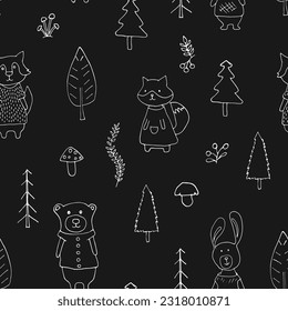 Cute animals Seamless pattern. Cartoon Animals in forest background. Vector illustration.