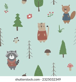 Cute animals Seamless pattern. Cartoon Animals in forest background. Vector illustration.