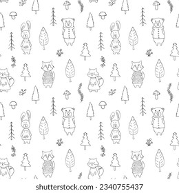 Cute animals Seamless pattern. Cartoon Animals in forest background. Vector illustration.