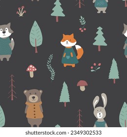 Cute animals Seamless pattern. Cartoon Animals in forest background. Vector illustration.