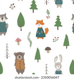 Cute animals Seamless pattern. Cartoon Animals in forest background. Vector illustration.