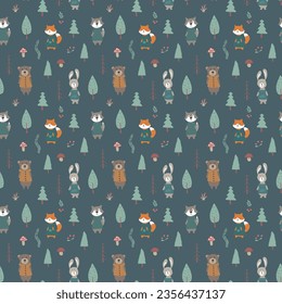 Cute animals Seamless pattern. Cartoon Animals in forest background. Vector illustration.