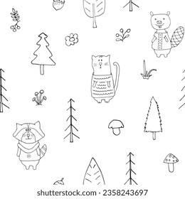 Cute animals Seamless pattern. Cartoon Animals in forest background. Vector illustration.