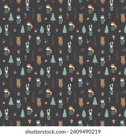 Cute animals Seamless pattern. Cartoon Animals in forest background. Vector illustration.