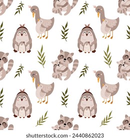 Cute animals seamless pattern in cartoon flat style. Happy Mothers day pattern perfect for scrapbook paper, decor, background, fabric. Adorable hand drawn vector design