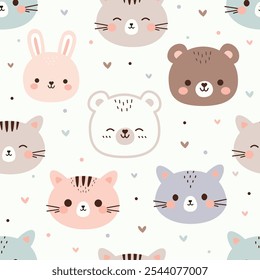 Animales lindos sin patrón. Fondo infantil de animales de dibujos animados. Diseño lindo del gato, del oso, y del conejo de la historieta para la ropa de los niños, papel de embalaje, Fondo de pantalla, tela, materia textil y más.