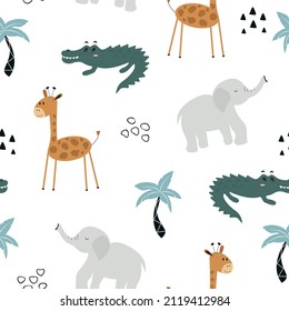 Cute animals seamless pattern. Children print with cartoon giraffe, elephant, crocodile and palm trees. African safari. Vector print for kids.