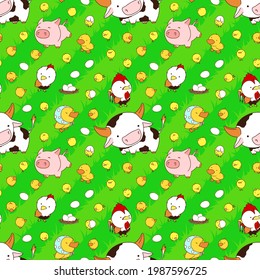 Animales sin soldadura de granja de pollitos de vaca patos gallina de cerdo y gallo de fondo de pasto