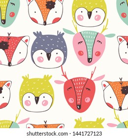 Cute Animals seamless pattern. Fox, owl, deer.