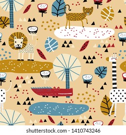 Cute animals seamless pattern with cute giraffe, leopard, alligator, dangerous lion and tropical plants. Vector texture in childish style great for fabric and textile, backgrounds. Pastel colors.