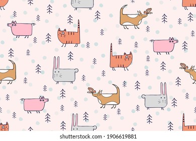 Cute animals seamless pattern. Hand drawn dog, cat, bunny, pig cartoon character childrens illustration. Different pets in forest scandinavian vector pattern for kids, baby, textile, fabric, packaging