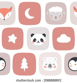 Cute animals seamless pattern, hand drawn forest background with cloud star moon shape, panda, fox, sheep and penguin vector illustration