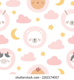 Cute animals seamless pattern, hand drawn sky background with cloud star moon shape, bear, cow chick and bunny vector illustration