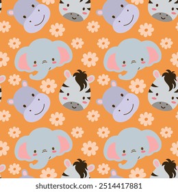 cute animals seamless pattern for kids print elephant, zebra, hippo with flowers