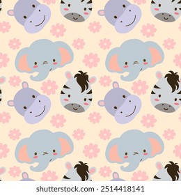 cute animals seamless pattern for kids print elephant, zebra, hippo