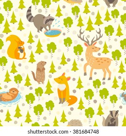 Cute animals seamless pattern. Cute pattern for kids. Deer, raccoon, otter, squirrel, fox, squirrel, gopher