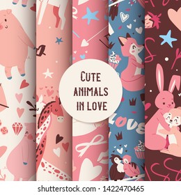 Cute animals seamless pattern with kissing characters fox, rabbit, giraffe and birds vector illustration. Wildlife kid background nature drawing texture. Funny love animal fabric wallpaper.