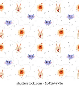 Cute animals seamless pattern. Lion, owl, hare on a white background. Printing on fabrics, packaging, postcards.
