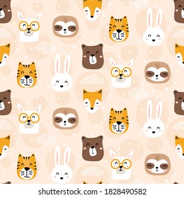 Cute animals seamless pattern on pastel peach background - nursery style childish doodles - hand drawn illustrations - llama, sloth, fox, bunny, bear, tiger
