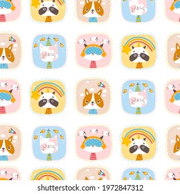 Cute animals seamless pattern. Portraits of a cat, raccoon, dog and fox. Vector cartoon characters in simple hand-drawn Scandinavian style. Ideal for decorating a nursery and printing on baby clothes