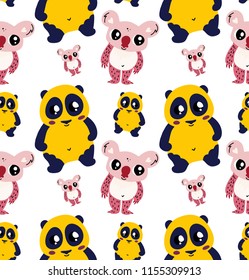 Cute animals seamless pattern. Pretty cartoon doodle zoo wallpaper. Repeating vector illustration. Panda and Koala