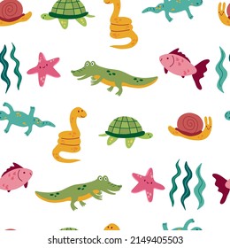 Cute animals seamless pattern. Simple cartoon crocodile, snake, snail, starfish, lizard, turtle. Baby childish tropic animal. Vector set illustration isolated ob white.