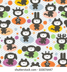 Cute animals seamless pattern. Vector textured illustration.