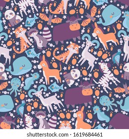 Cute animals in seamless pattern, vector illustration. Print for children products and wrapping paper. Adorable little panda, raccoon, tiger, zebra and donkey. Happy exotic animals cartoon characters