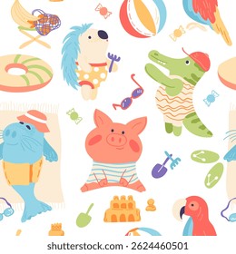 Cute animals seamless pattern. Vector hand drawn illustration in simple hand drawn modern style. Parrot, croco, pig, rabbit and seal relaxing on the beach.