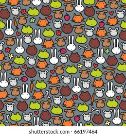 Cute animals seamless pattern. Vector doodle illustration.