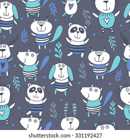 Cute animals seamless pattern.Kids dark background.Zoo