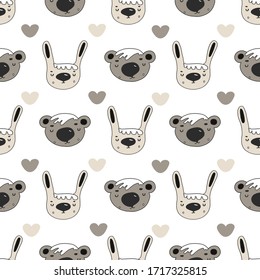 Cute animals seamless pattern.Rabbit, bear and heart. vector illustration in doodle style.on white background.for decorating fabrics, childrens goods, packaging,Wallpaper, toys, plasters.pastel color