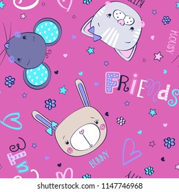 cute animals seamless vector pattern .mouse cat and bunny