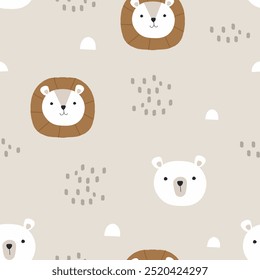 Patrón de Vector sin fisuras de animales lindos con oso polar y león. Fondo infantil de los animales de la historieta. diseño para la tela, envoltura, materia textil, Fondo de pantalla, ropa y más