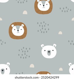 Patrón de Vector sin fisuras de animales lindos con oso polar y león. Fondo infantil de los animales de la historieta. diseño para la tela, envoltura, materia textil, Fondo de pantalla, ropa y más