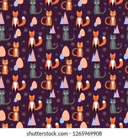 cute animals seamless winter pattern with snowflakes and trees