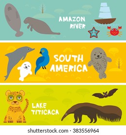 Cute animals set anteater manatee sea cow bat Hyacinth macaw dolphin seal jaguar, kids background, South America animals Lake Titicaca, Amazon River bright colorful banner. Vector