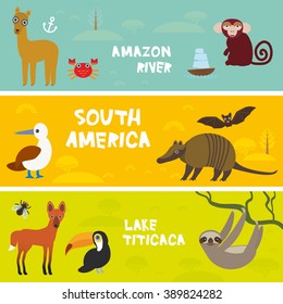 Cute animals set anteater manatee sea cow sloth Hyacinth macaw guanaco lama marmoset monkey armadillo Blue-footed booby, kids background, South America Titicaca, Amazon bright colorful banner. Vector