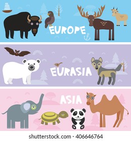 Cute animals set bison panda goat polar bear Camel turtle bat deer wolf elephant, kids background Europe Asia Eurasia animals, bright colorful banner. Vector